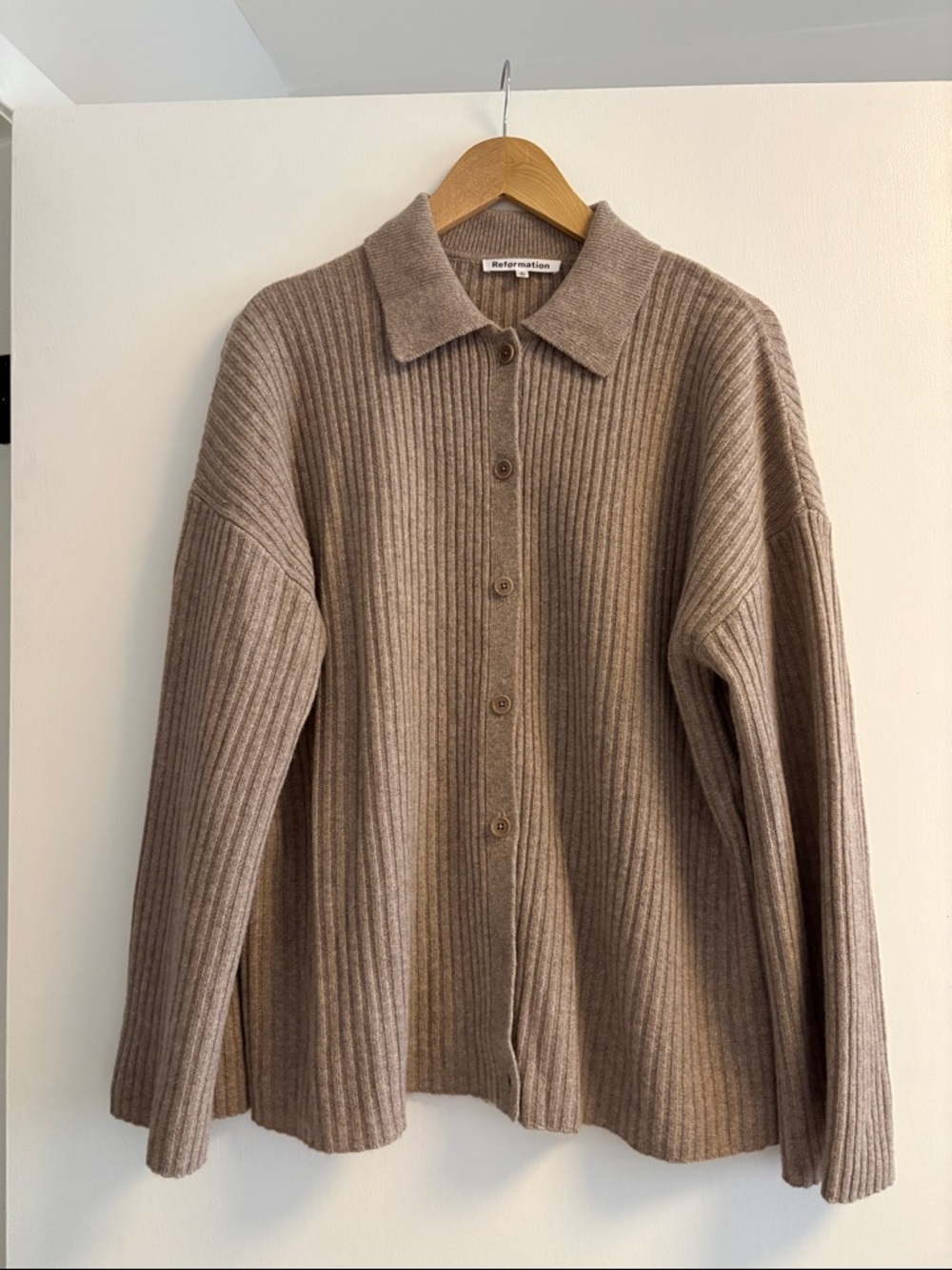 Reformation Ribbed Button-Front Cardigan - Taupe Brown